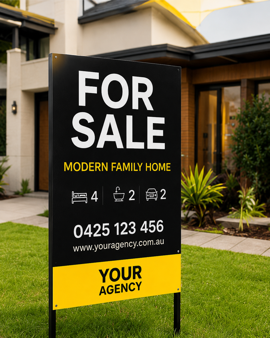 Professionally printed real estate corflute sign installed outside a home